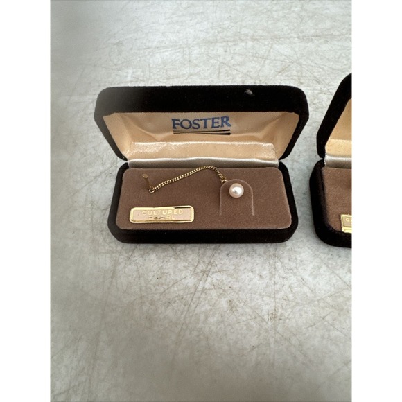 Foster Cultured Pearl Tie Pin Genuine Stone Pin Set Of Two In Box - Picture 2 of 6
